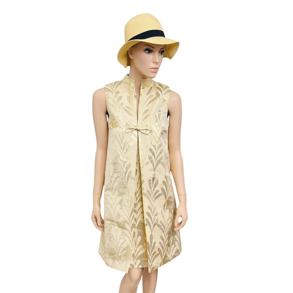 Frances Valentine Gold Metalic Shift Dress XS  Sleeveless Bow Front Jacquard - Picture 7 of 12